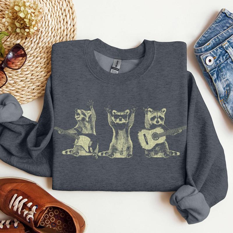 Raccoon Band, Playing Guitar, Funny Animals Sweatshirt, Crew Neck, Crewneck, Soft Unisex Graphic Casual Casual Comfort Womenswear ComfortableÂ Graphic