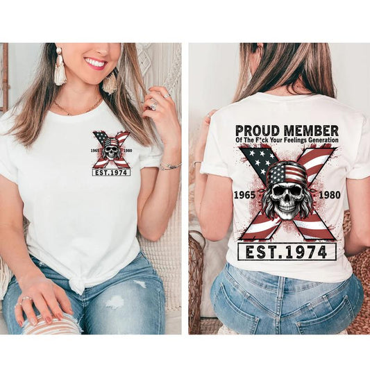 Custom Est.Year 1974 Proud Member GenerationX 2 Side Flag Skull Shirt, GenX T-shirt, Skull Generation X Shirt, Flag Skull Shirt