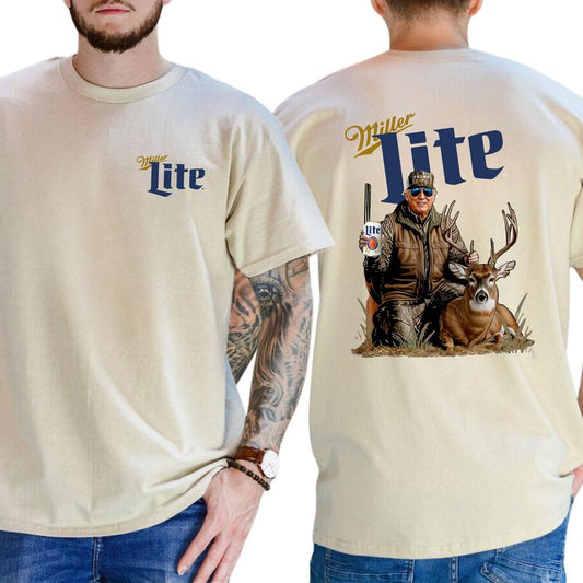Camo Hunter Trummp With Miler Lite Beer Shirt 2-Sided, Vintage Men's Buck Hunting Tshirt, Beer Drinking Tee, Unisex Hunt Tops, Classic Casual Menswear