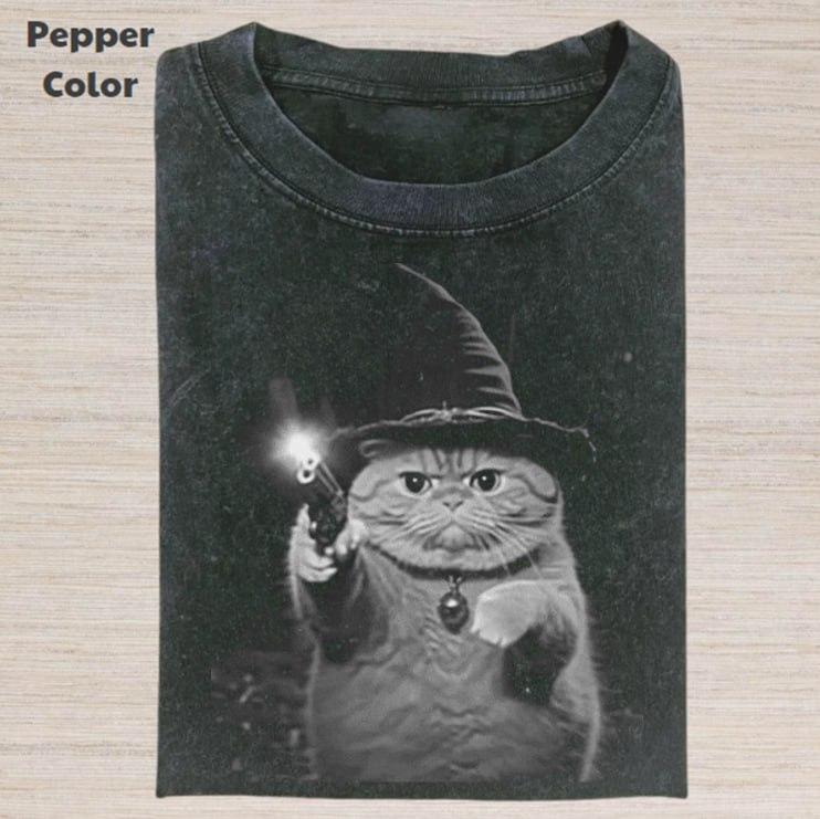 Retro Funny Vintage Graphic Tee, Wizard Cat Gun T-Shirt, Unisex Meme Cringe Funny Dumb Shirt, Gift For Men Women, Menswear Womenswear Streetwear