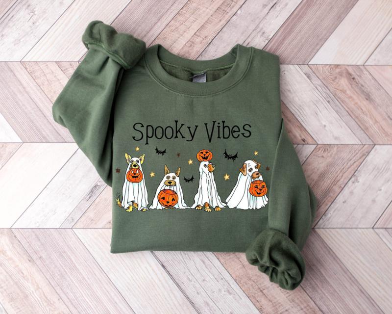 Halloween Ghost Dog Shirt - Sweatshirt - Hoodie, Happy Retro Spooky Vibes Season Graphic Tee, Retro Halloween Shirt, Full Color, For Men, For Women, C