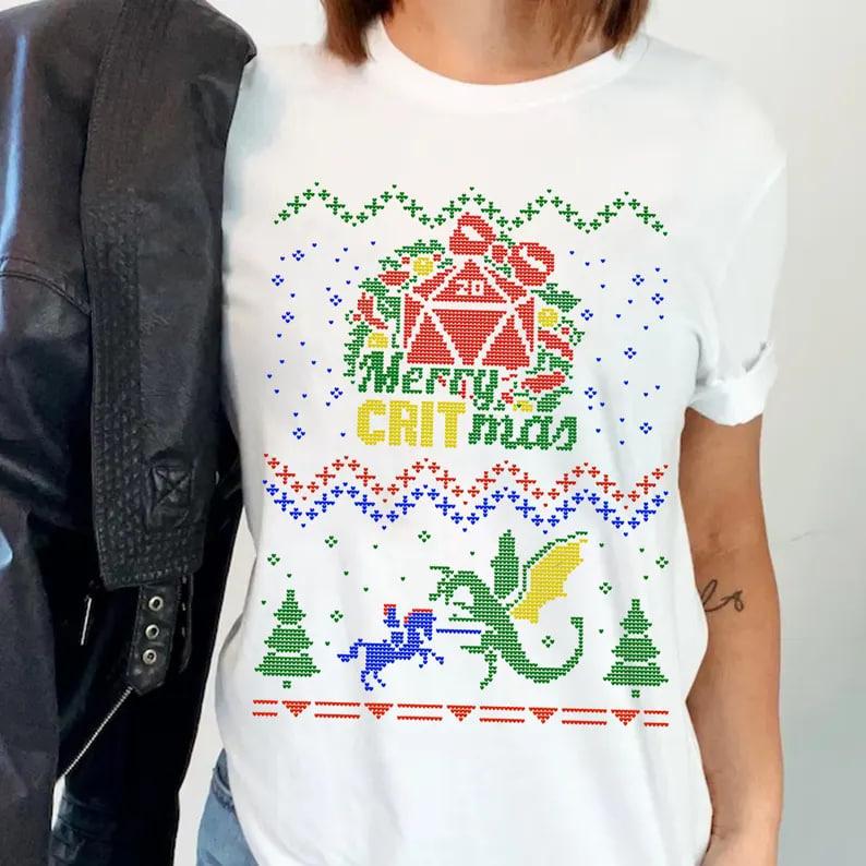 Dragons Christmas Party Sweatshirt, Christmas Sweatshirt For DnD Fans, Polyhedral Dice Xmas Hoodie, Merry Critmas Sweater, Dungeons and Dragons Christ