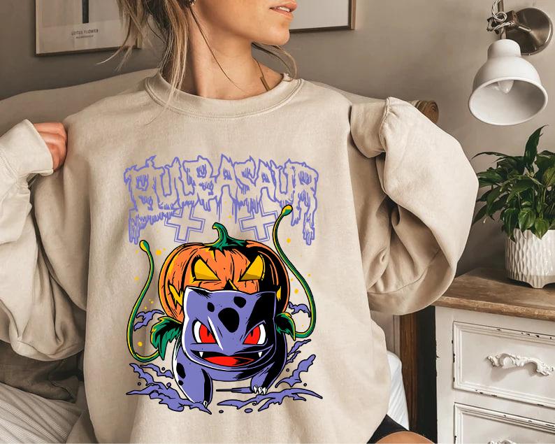 Bulbasaur Pumpkin Sweatshirt, Pokemon Pumpkin Sweatshirt, Halloween Sweatshirt, Spooky Pumpkin Monster Sweatshirt, Gengar Japan Anime Sweatshirt, Poke