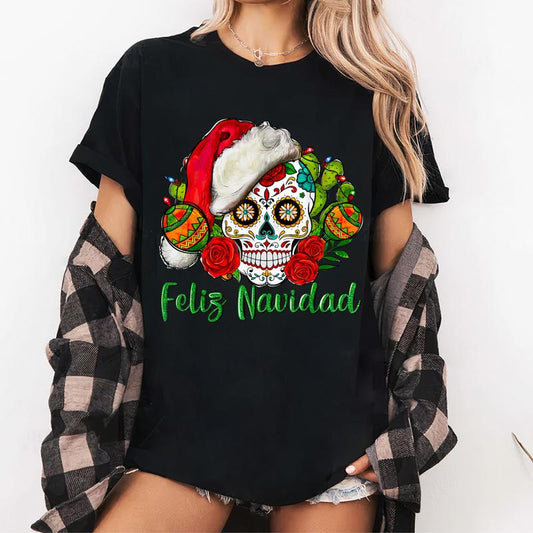 Feliz Navidad Sugar Skull Mexican Christmas T-Shirt