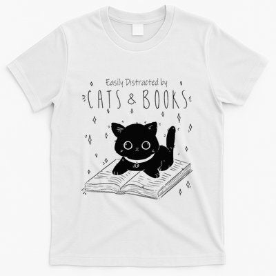 Easily Distracted By Cats And Books Funny Cat & Book Lover T-Shirt