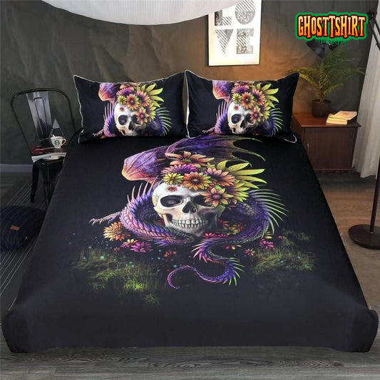 Floral Skull Dragon Bed Sheets Duvet Cover Bedding Set