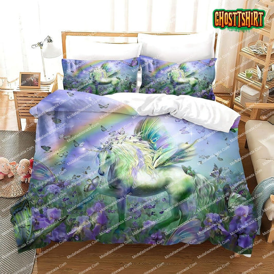 Floral Unicorn Green Fantasy Glittery Horse Bedding Set