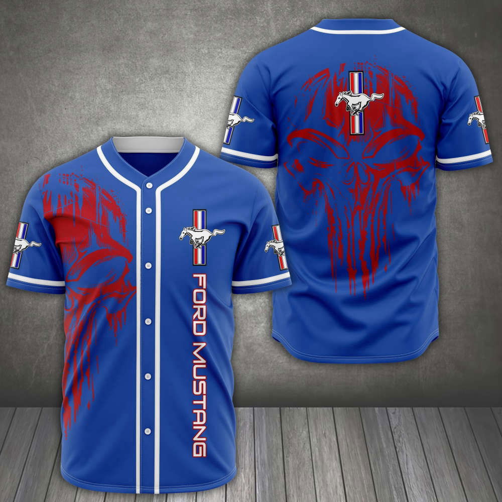 Ford Mustang Red Skull Blue Baseball Jersey: Bold & Stylish Mustang-themed Apparel - Aopprinter
