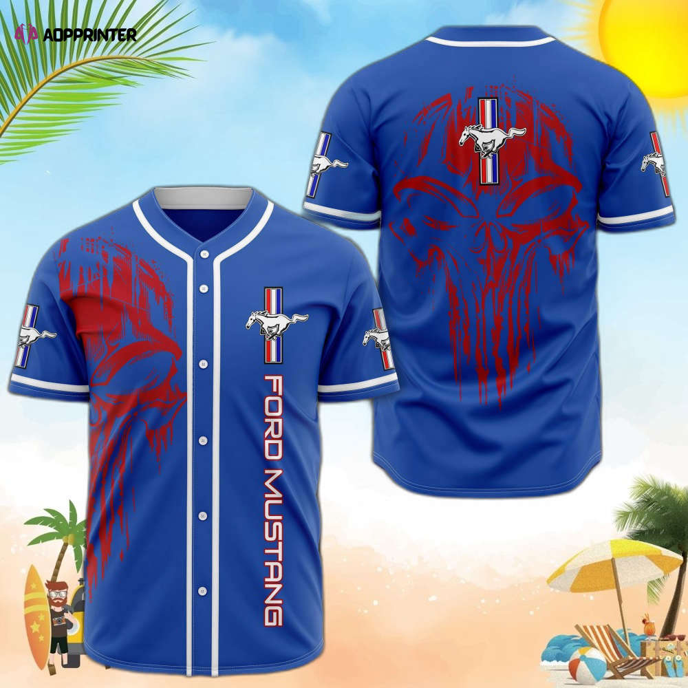 Ford Mustang Red Skull Blue Baseball Jersey: Bold & Stylish Mustang-themed Apparel - Aopprinter