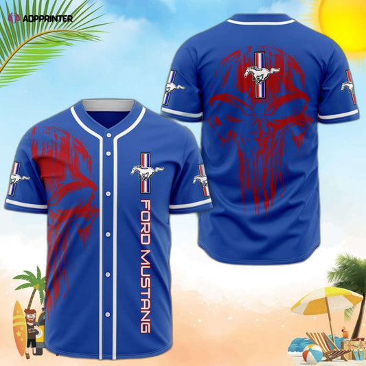 Ford Mustang Red Skull Blue Baseball Jersey: Bold & Stylish Mustang-themed Apparel - Aopprinter