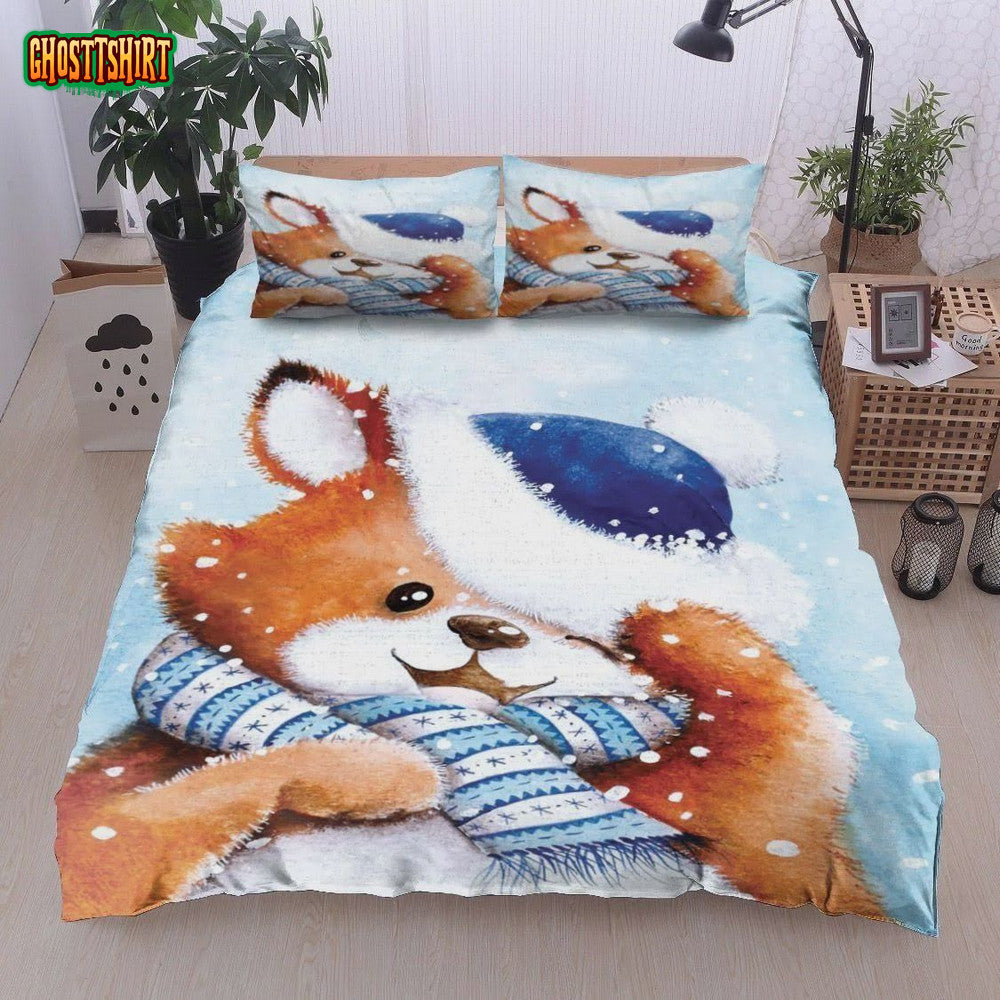 Fox Cute Cartoon Baby Fox In Winter Cotton Bed Sheets Spread Comforter Duvet Cover Bedding Set