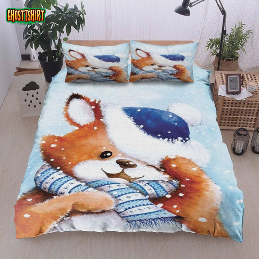Fox Cute Cartoon Baby Fox In Winter Cotton Bed Sheets Spread Comforter Duvet Cover Bedding Set