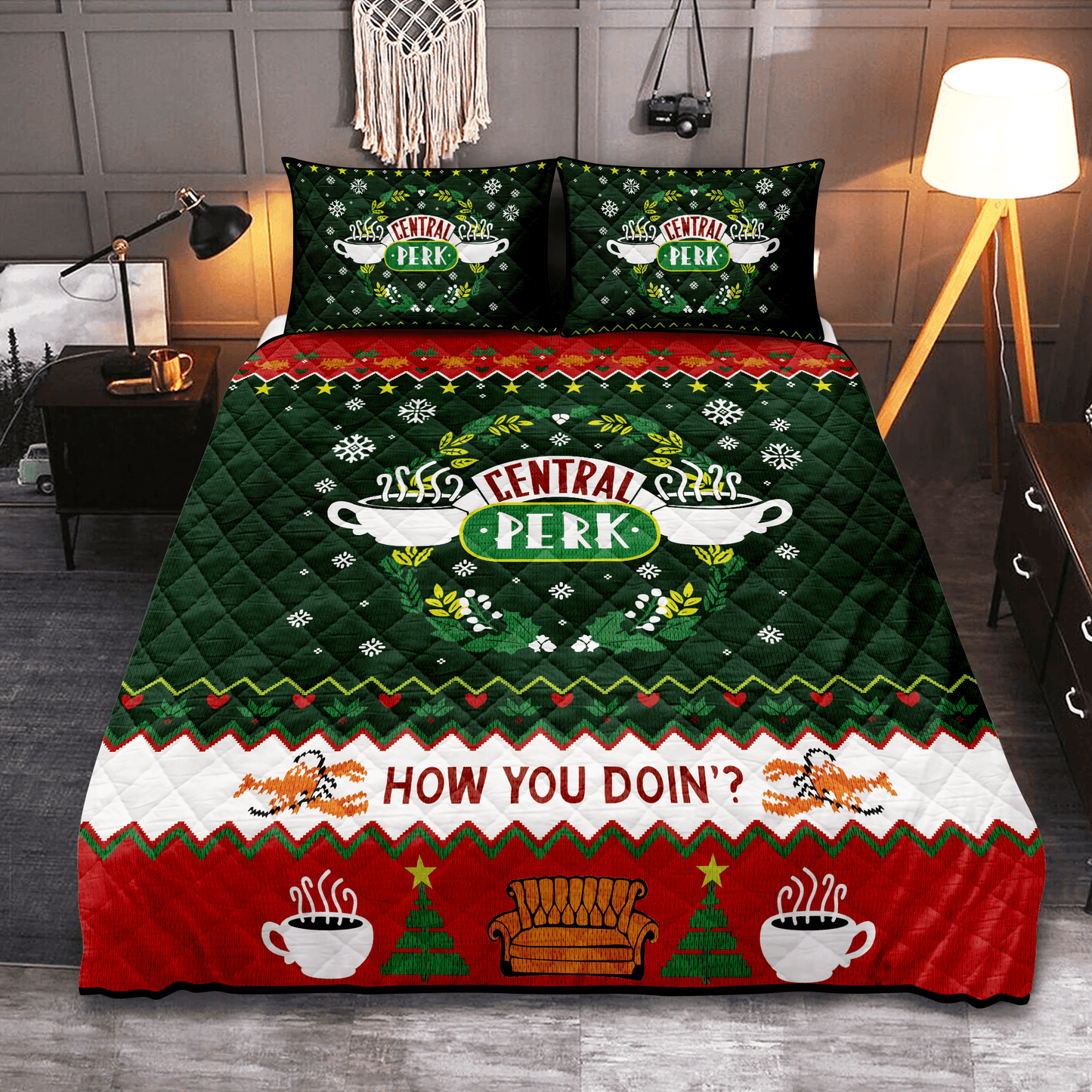 Personalized Christmas Friends 3-pc Quilt Bedding Set for Cozy Holiday Decorating