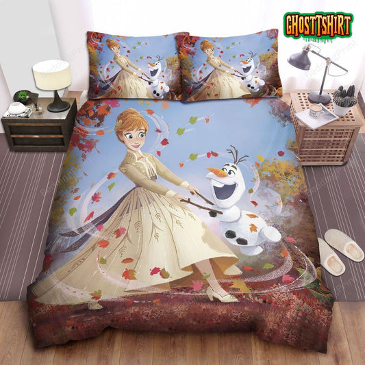 Frozen Anna & Olaf Dancing In Autumn Leaves Bed Sheets Duvet Cover Bedding Set