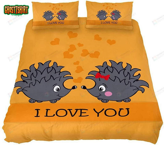 Funny Cartoon Hedgehog Couple I Love You Bed Sheets Duvet Cover Bedding Set