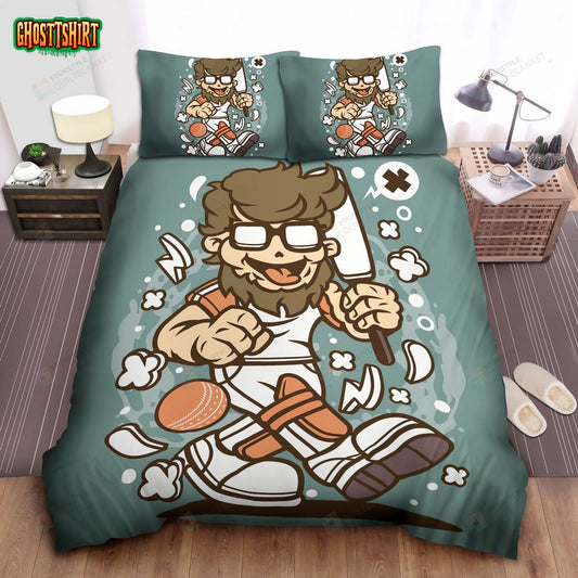 Funny Cricket Player In Cartoon Art Bed Sheets Spread Comforter Duvet Cover Bedding Set