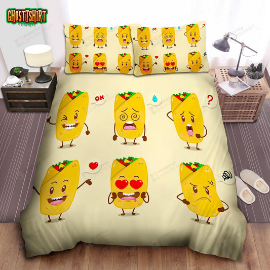 Funny Emotions Of Burrito Cartoon Character Bed Sheet Spread Comforter Duvet Cover Bedding Set