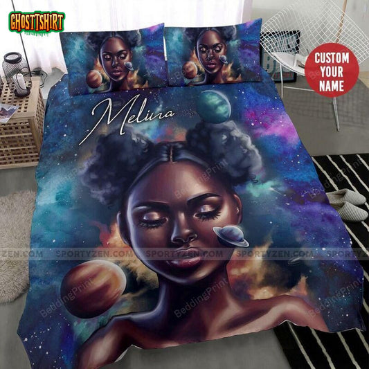 Galaxy Black Woman African Custom Name Duvet Cover Bedding Set