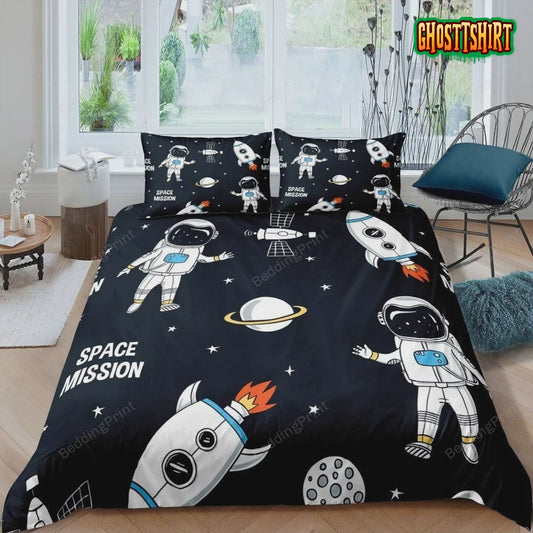 Galaxy Outer Space Cartoon Astronaut Rocket Bed Sheets Duvet Cover Bedding Set