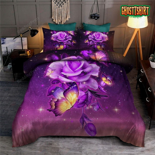 Galaxy Purple Butterfly And Rose Bed Sheets Duvet Cover Bedding Set
