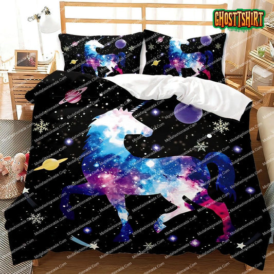 Galaxy Unicorn Black White Bedding Set