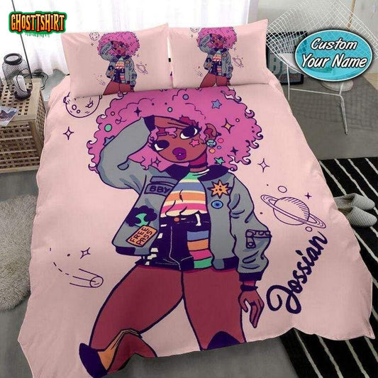 Galaxy Universe Black Girl Pink Afro Magic Custom Name Duvet Cover Bedding Set