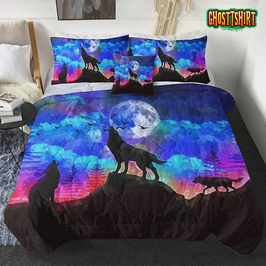 Galaxy Wolf Howling Under The Moon Bed Sheets Duvet Cover Bedding Set