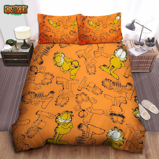 Garfield Funny Emotions All Over Printed Orange Bed Sheets Duvet Cover Bedding Set