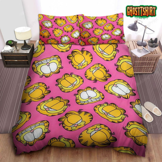 Garfield Funny Faces All Over Printed In Pink Bed Sheets Duvet Cover Bedding Set