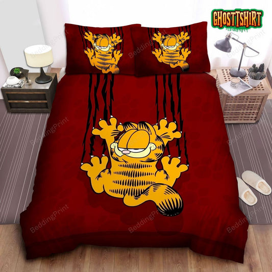Garfield Scratching On The Red Background Bed Sheets Duvet Cover Bedding Set