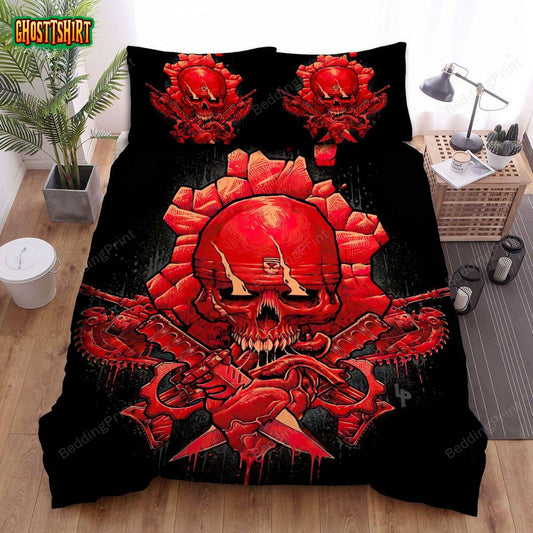Gears Of War Skull Logo With Chainsaw And Knifes In Blood Bed Sheets Duvet Cover Bedding Set