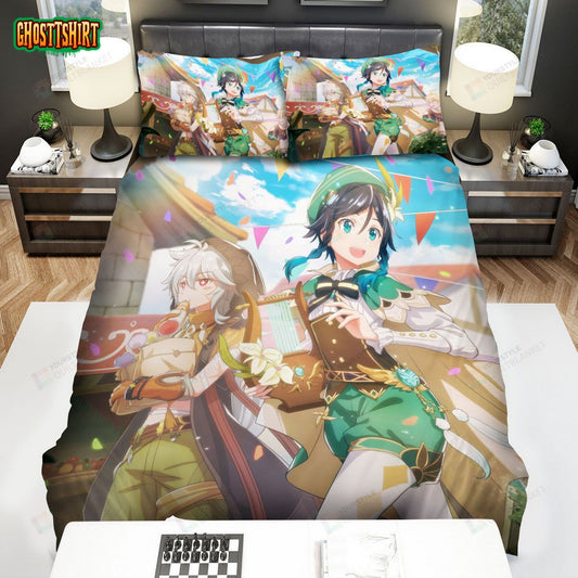 Genshin Impact Characters At The Market Bed Sheets Spread Comforter Duvet Cover Bedding Set