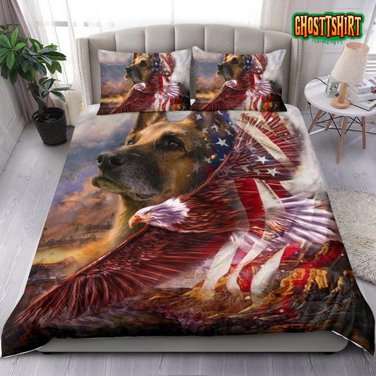 German Shepherd And Eagle American Independence Day Patriotic Dog Bed Sheets Spread Duvet Cover Bedding Set