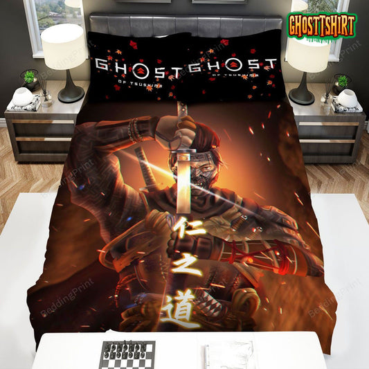 Ghost Of Tsushima Jin Sakai In Sakai Mask With The Katana Sword Bed Sheets Duvet Cover Bedding Set