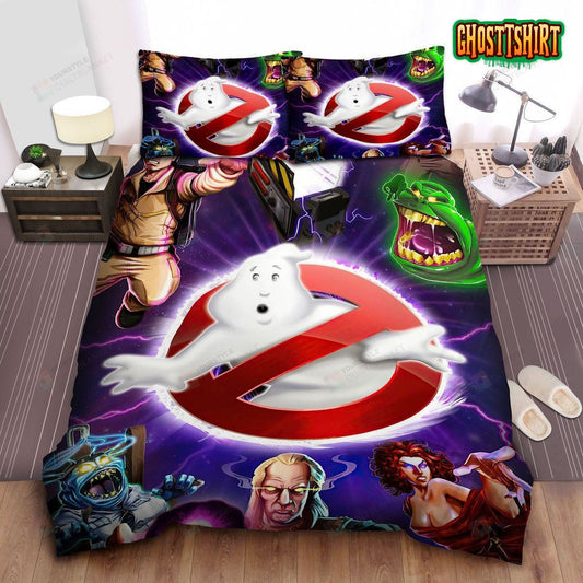 Ghostbusters Logo And Ghosts In 3D Cartoon Art Bed Sheets Duvet Cover Bedding Set