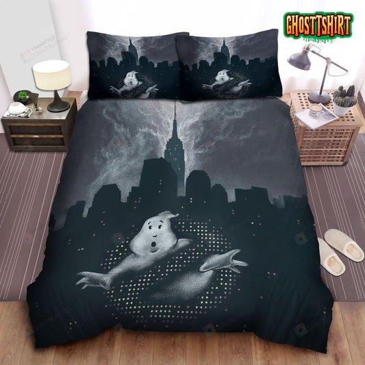 Ghostbusters Logo In Scary City Bed Sheets Spread Duvet Cover Bedding Set