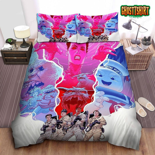 Ghostbusters Scientist Team & Scary Monsters Digital Artwork Bed Sheets Duvet Cover Bedding Set