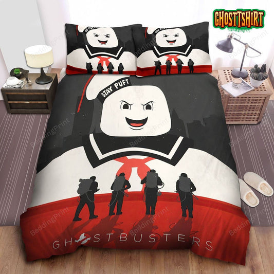 Ghostbusters Team Silhouettes And Stay Puft Marshmallow Man Bed Sheets Spread Duvet Cover Bedding Set