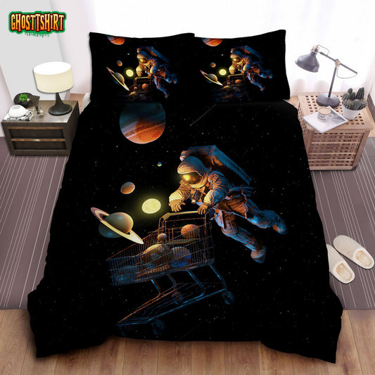 Giant Astronaut Controlling The Galaxy Illustration Bed Sheets Duvet Cover Bedding Set