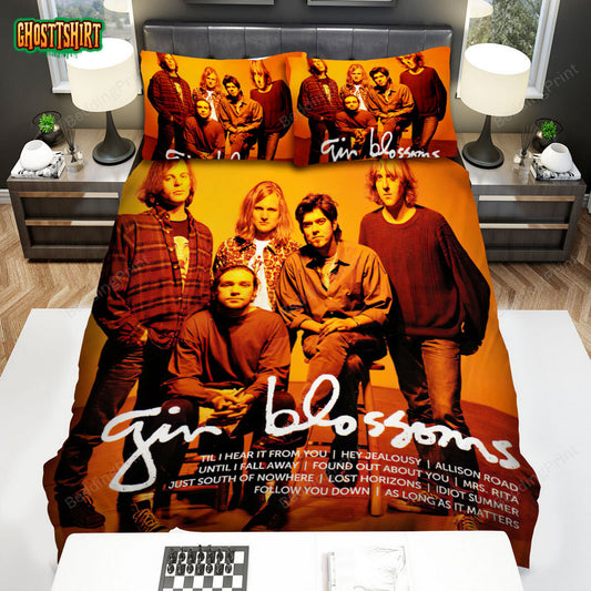 Gin Blossoms The Band Posting Together On Orange Background Bed Sheets Duvet Cover Bedding Set