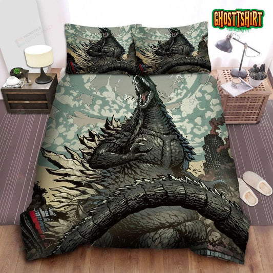 Godzilla Destroys The City In Manga Art Bed Sheets Duvet Cover Bedding Set