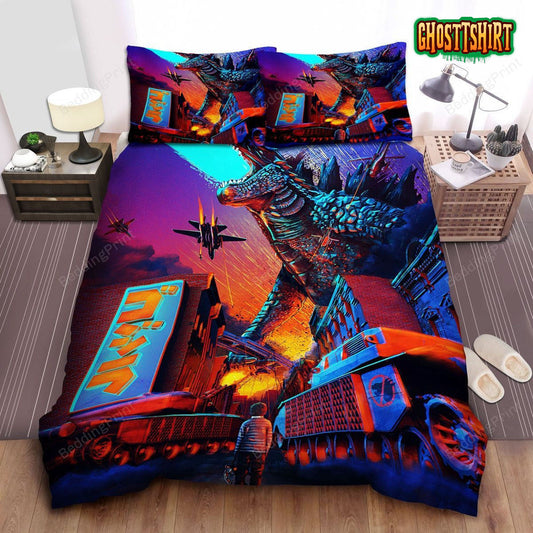 Godzilla Fighting Against Human Army Illustration Bed Sheets Duvet Cover Bedding Set
