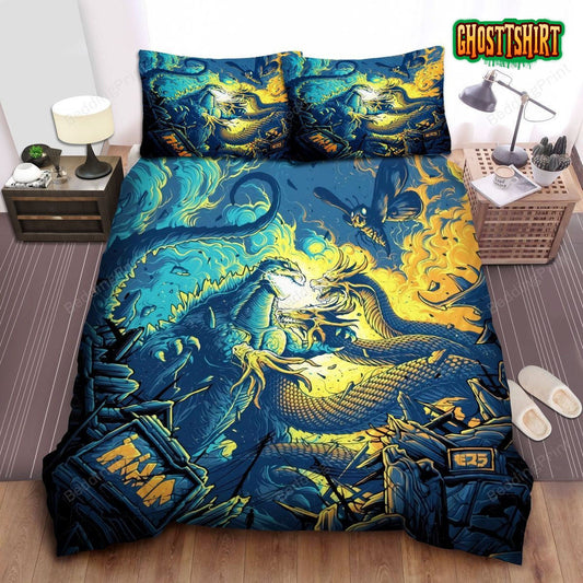 Godzilla Fights King Ghidorah In The City Bed Sheets Duvet Cover Bedding Set