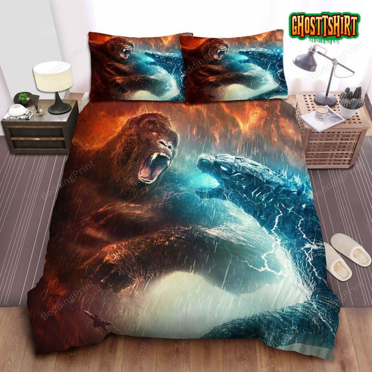 Godzilla Fights Kong In The Rain Bed Sheets Duvet Cover Bedding Set