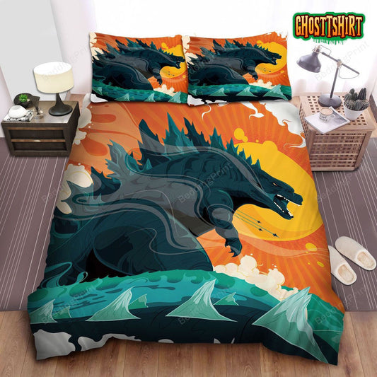 Godzilla In The Ocean Digital Art Bed Sheets Duvet Cover Bedding Set