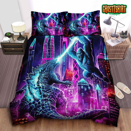 Godzilla & Kong Fighting In Neon Lights City Bed Sheets Duvet Cover Bedding Set
