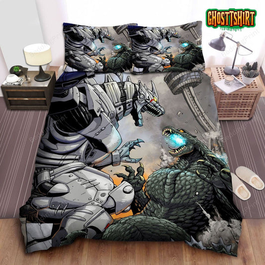 Godzilla Vs Mechagodzilla In Manga Art Style Bed Sheets Duvet Cover Bedding Set