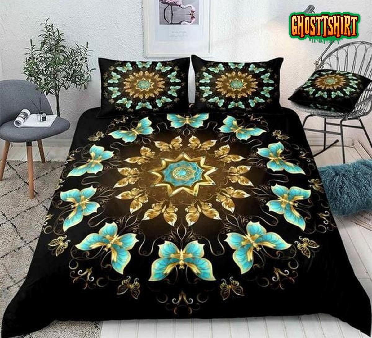 Gold And Turquoise Butterflies Bed Sheets Duvet Cover Bedding Set