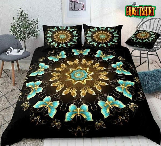 Gold And Turquoise Butterflies Bed Sheets Duvet Cover Bedding Set