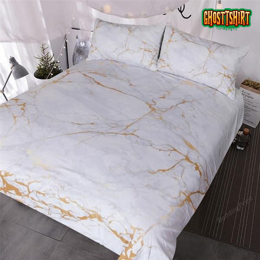 Gold And White Marble Bed Sheets Duvet Cover Bedding Set